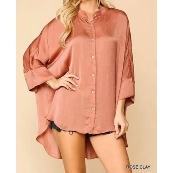 GiGio Women's Oversized Loose Fit Button Down Top Hi-Low Hem Size L Rose - Picture 1 of 8